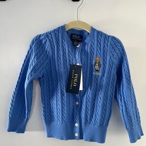 Toddler Ralph Lauren Blue Knit Cardigan with Bear Embroidery